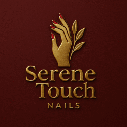 Gold embossed Serene Touch Nails logo with elegant hand and leaves on a burgundy background